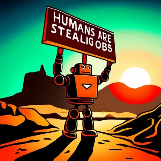 Robot Protests Human Job Stealing at Sunrise