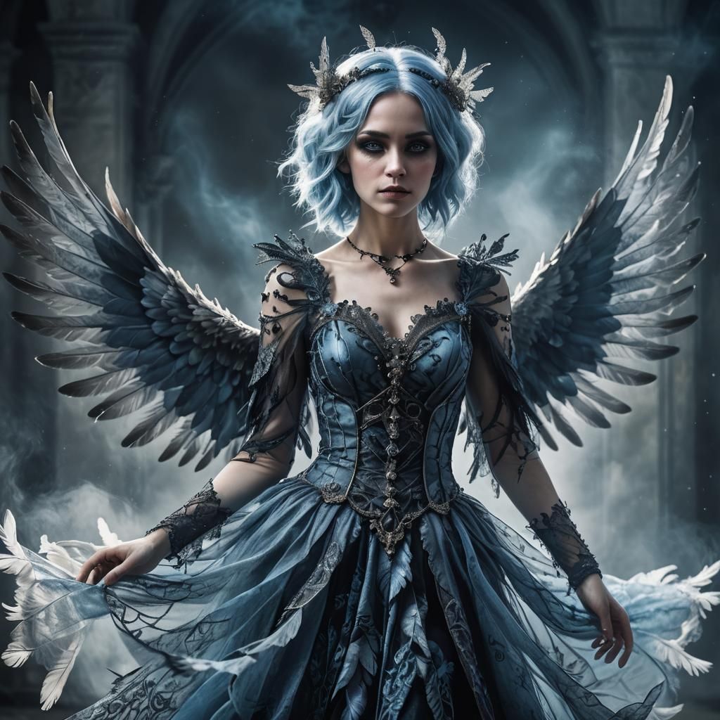 Gothic Woman with Wings in Dark Fantasy Style