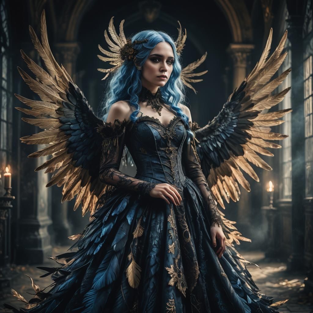 Gothic Woman with Blue Hair and Wings