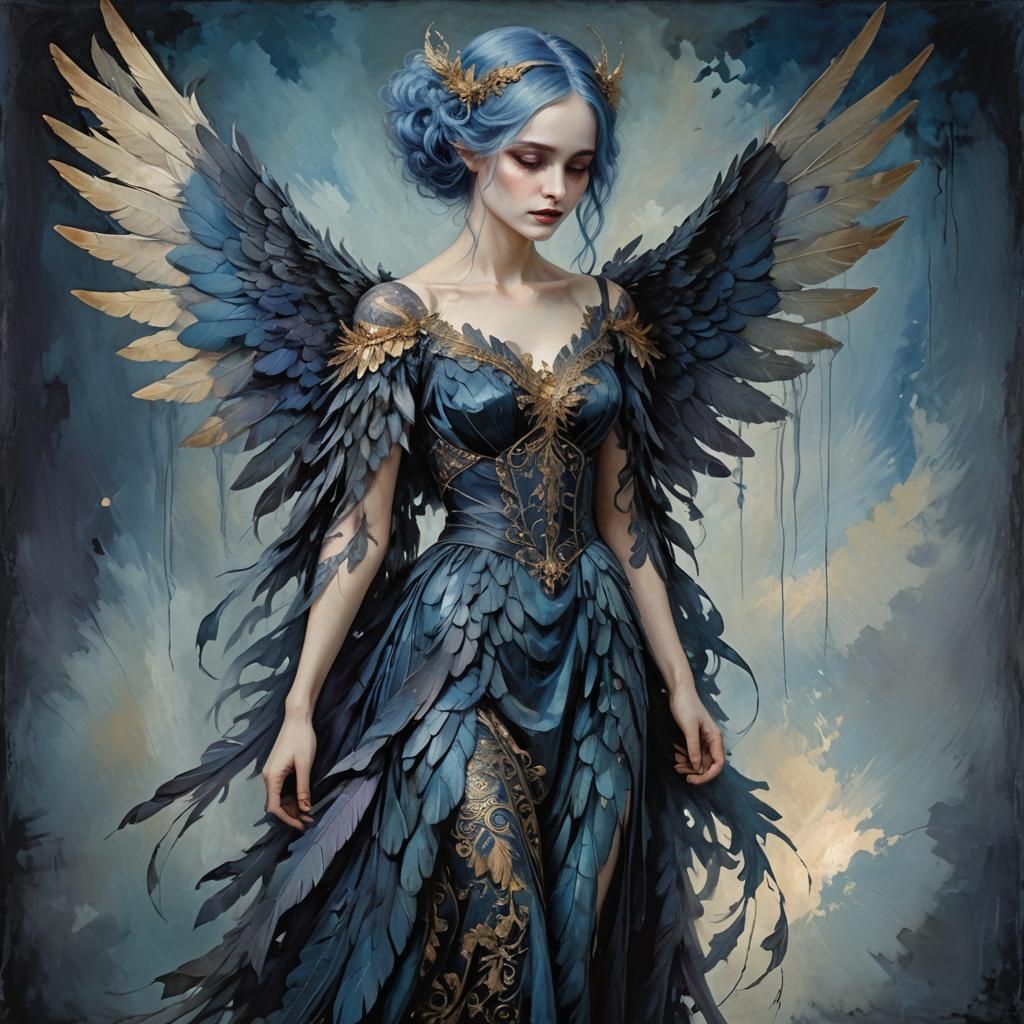 Gothic Woman with Wings in Dreamlike Oil Painting