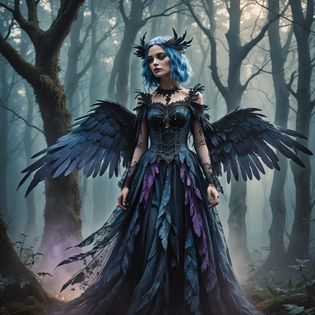 Gothic Woman with Wings in Misty Forest