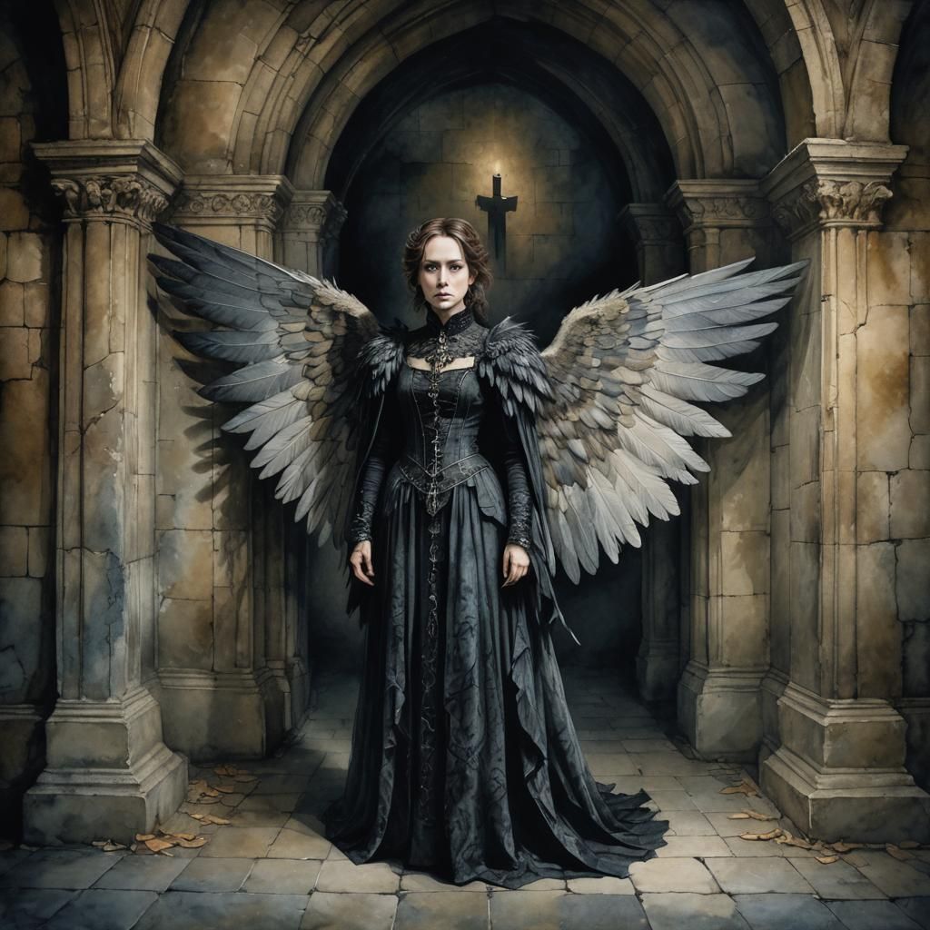 Gothic Woman with Wings in Watercolor Style