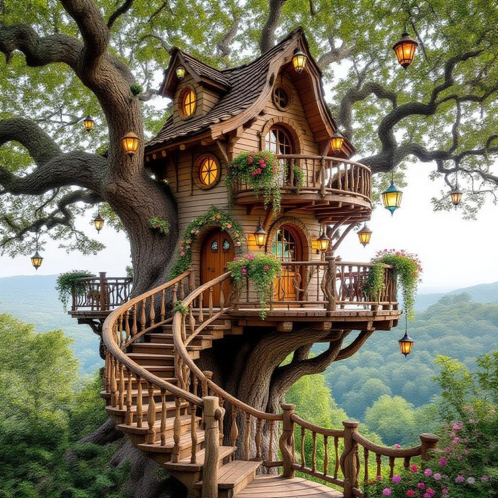 Whimsical Treehouse in Ancient Oak Tree, Carved with Wooden ...