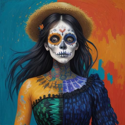 Woman with Día de los Muertos Face Paint in Neo-Impressionis...