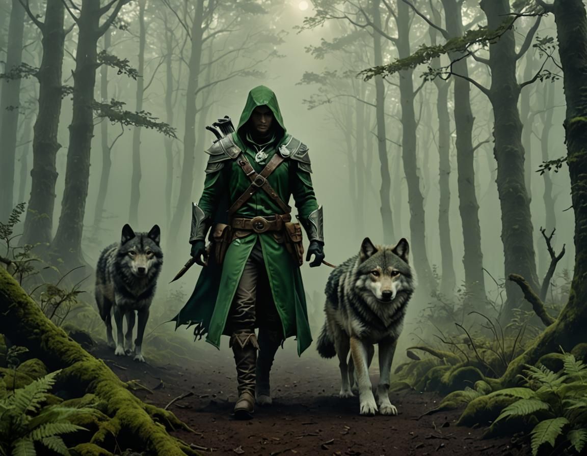 Ranger and Wolf in Misty Forest