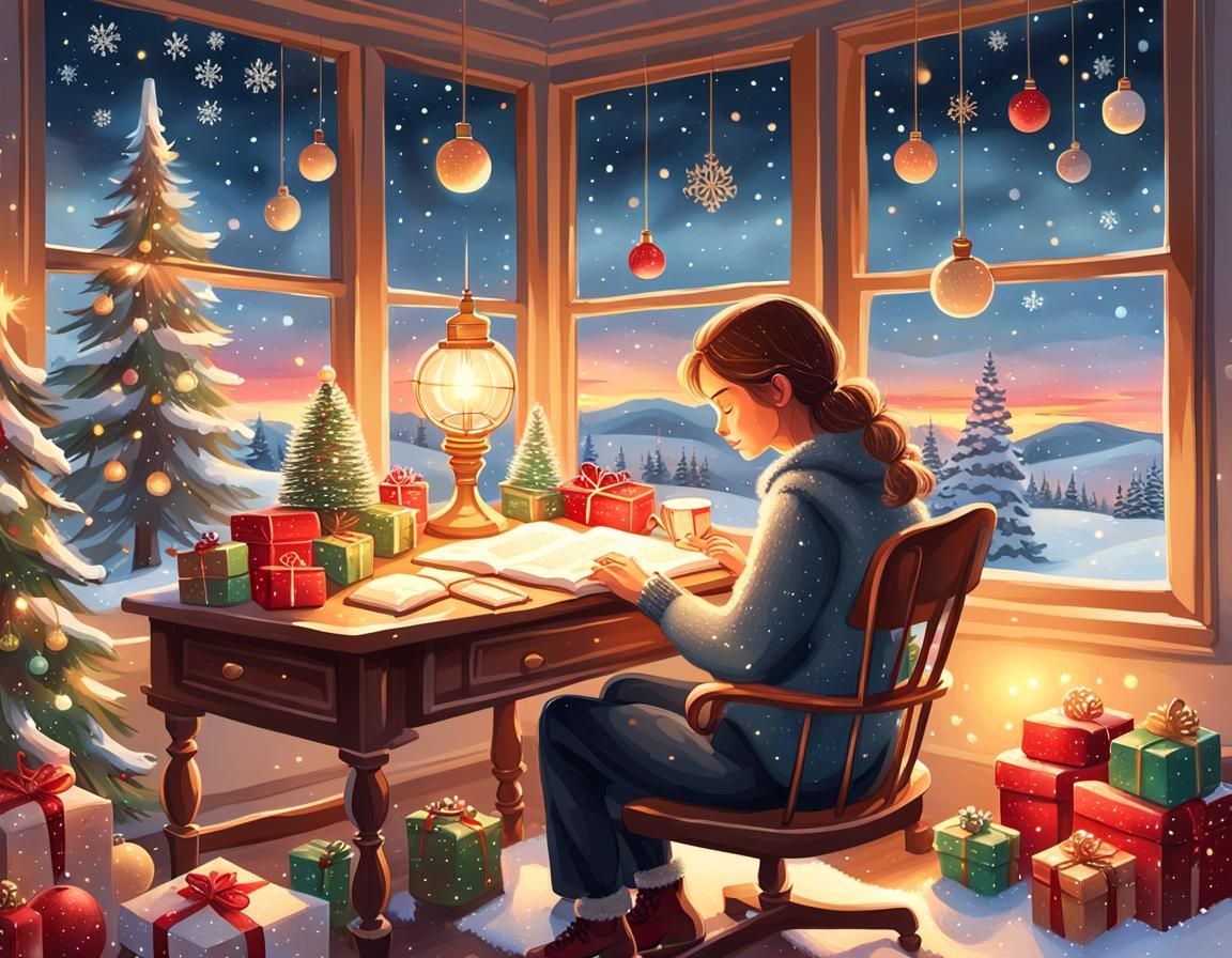 Cozy Christmas Writer's Desk: Whimsical Digital Painting