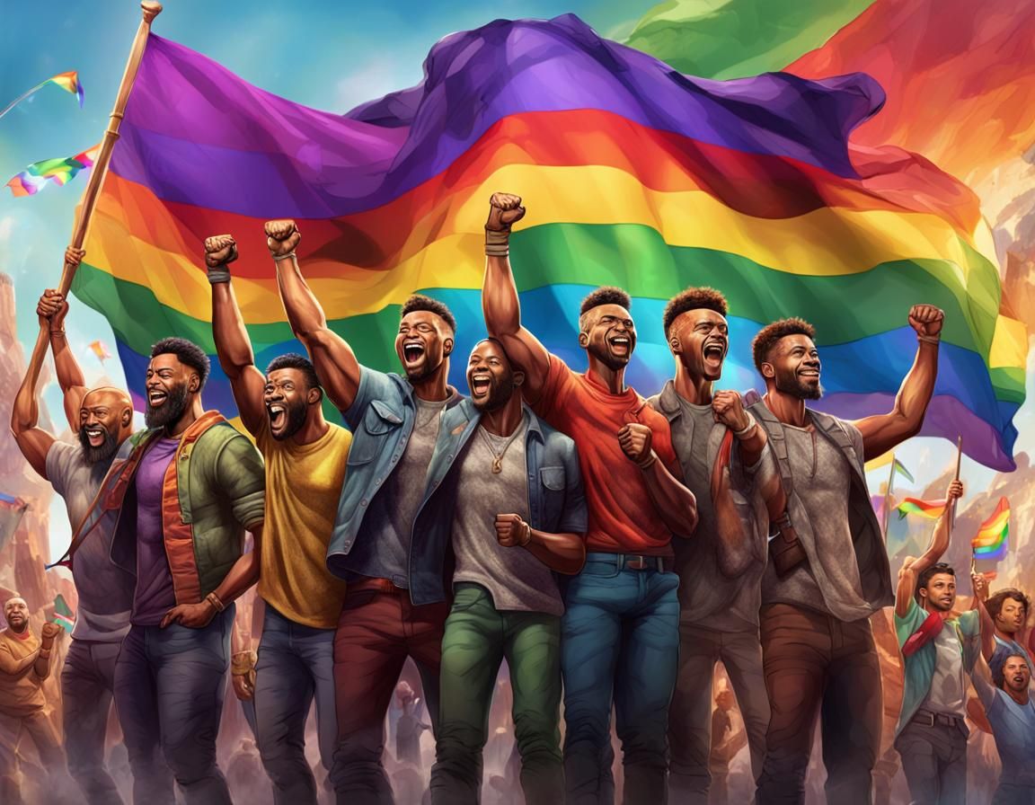 Triumphant Gay Men Against Rainbow Flag Backdrop