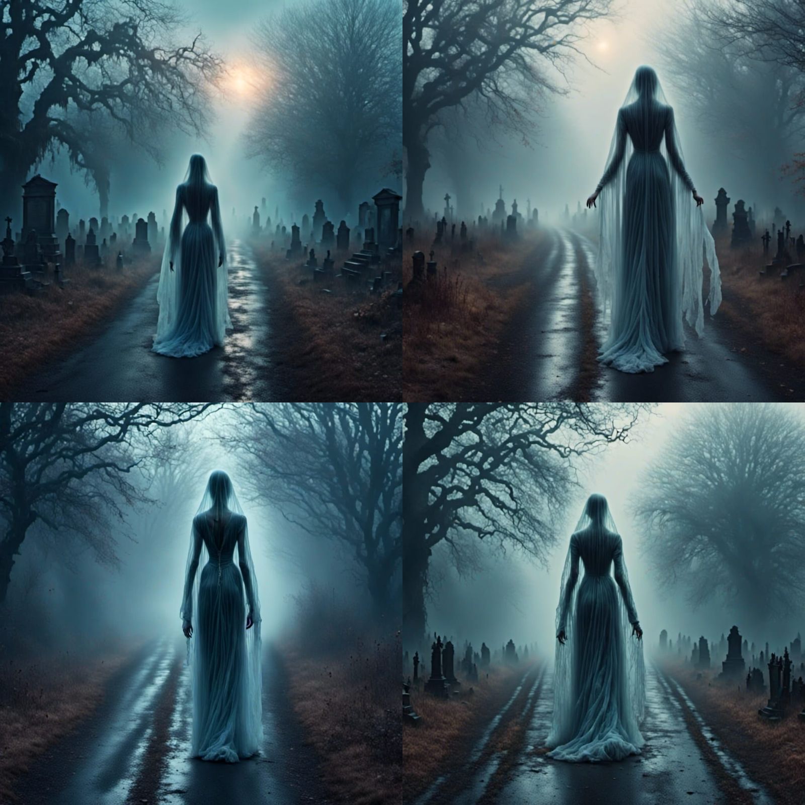 <lora:Ghostly:1.0>Foggy picture of a woman walking down the center of a forgotten road. <lora:Darkling:1.0>