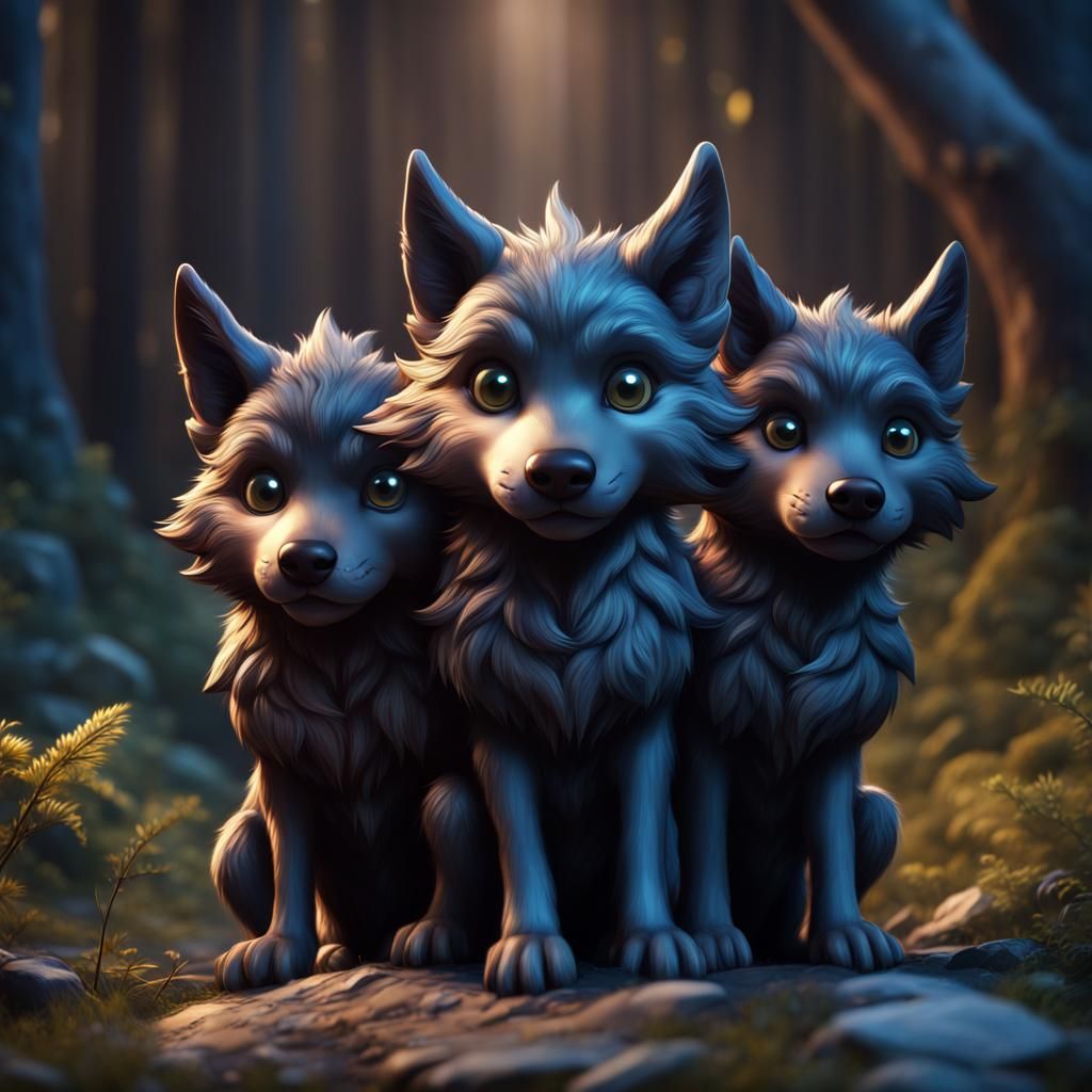 Adorable Three-Headed Wolf Pup in Disney Style