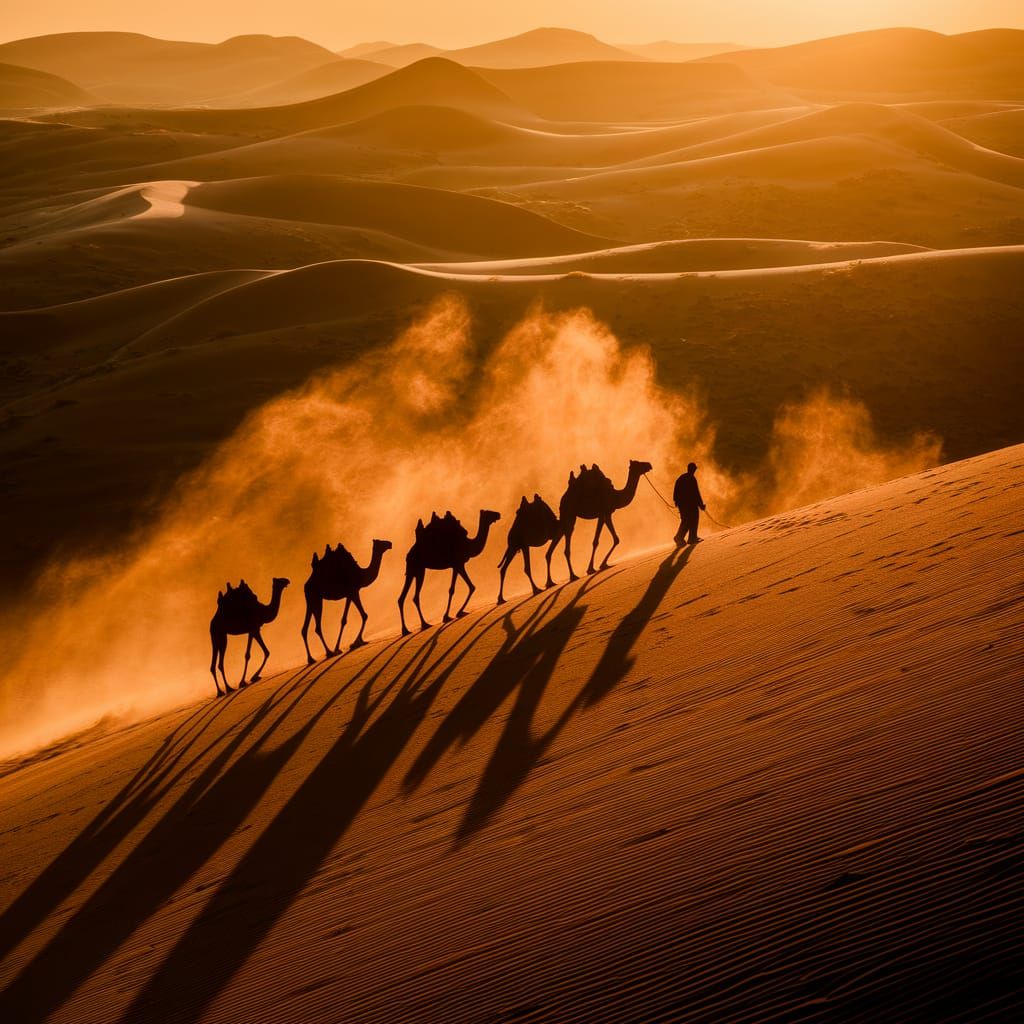 Desert Caravan at Golden Hour in Crewdson Style