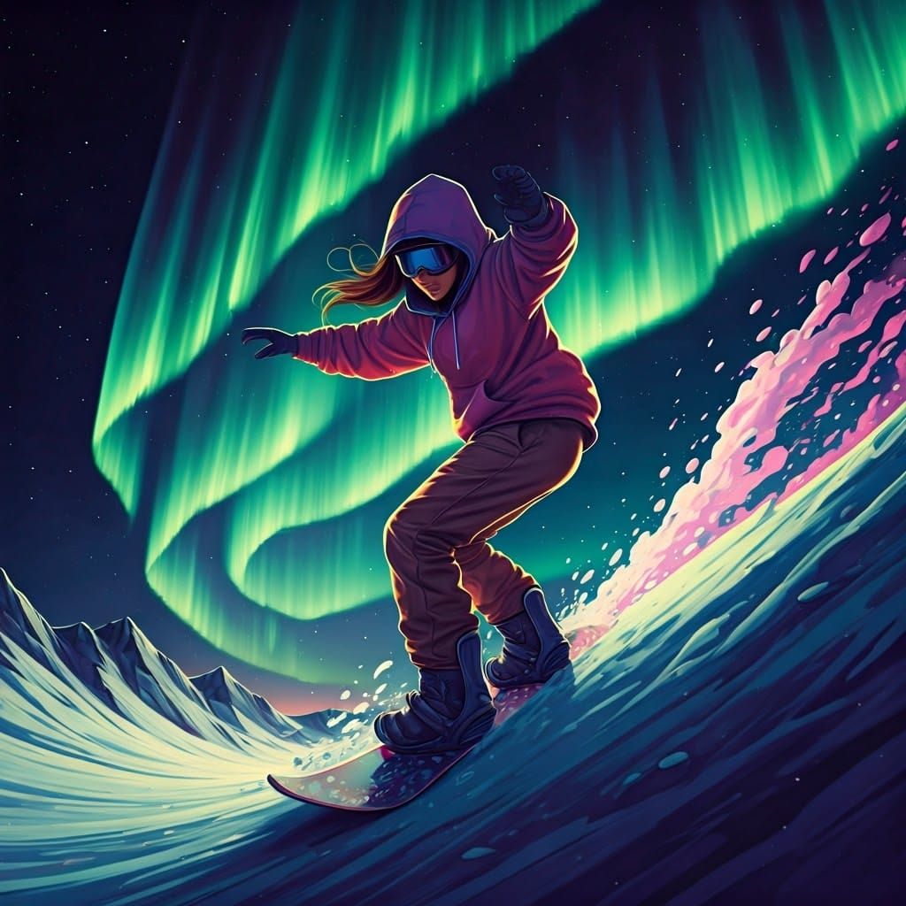Snowboarding Under Northern Lights