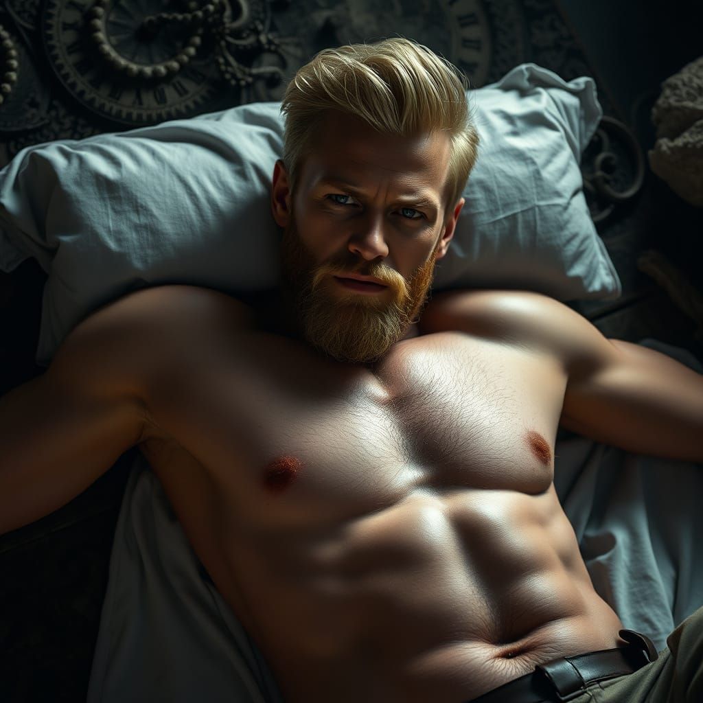 Handsome Shirtless Man with Blonde Beard, Cinematic Lighting