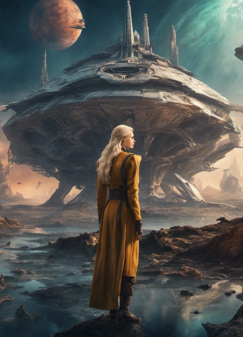 Blonde Historian and Starship Wreckage on Alien World