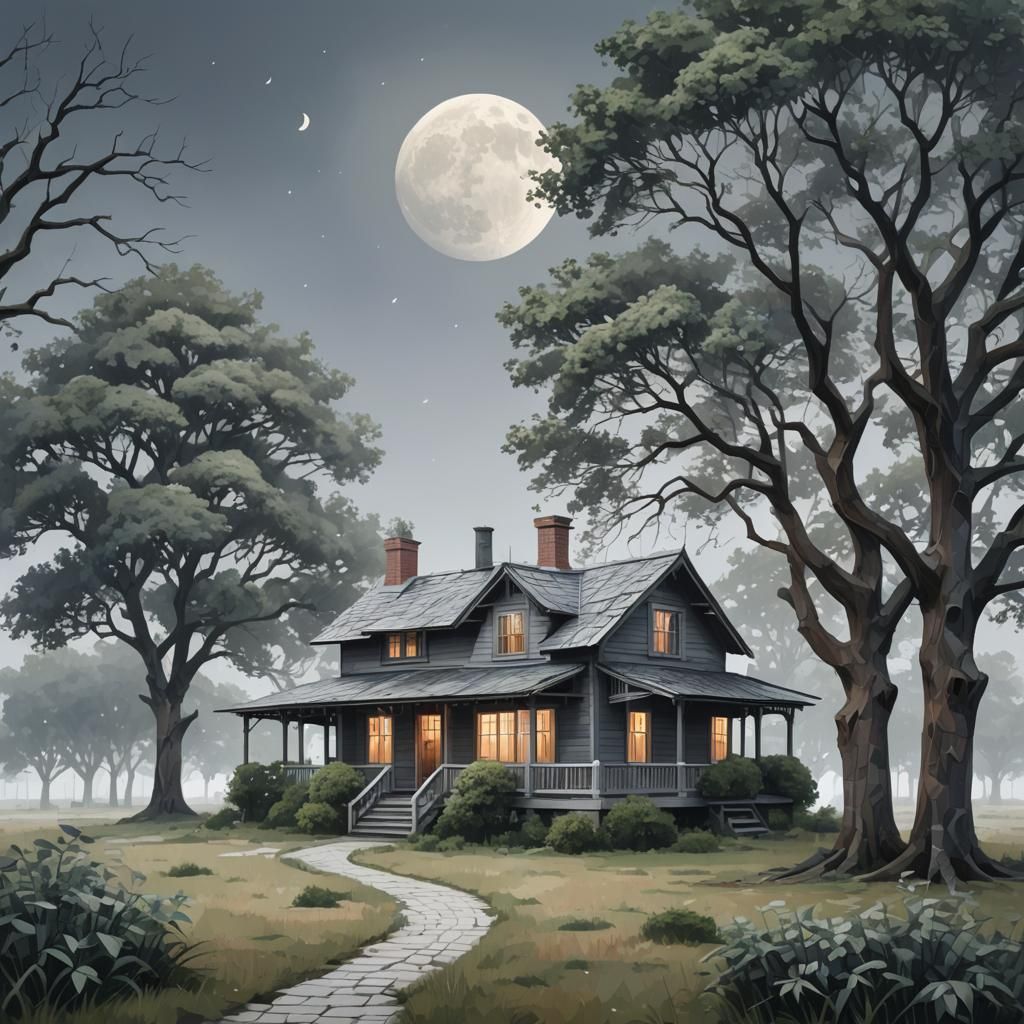 Low-Poly Wooden House Under Cloudy Moonlit Sky