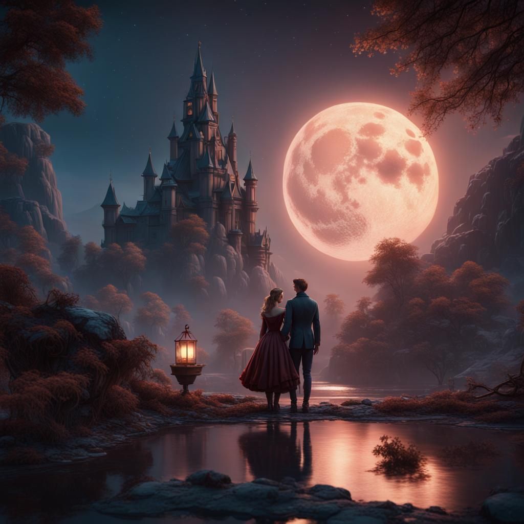 Romantic Couple in Moonlight: Detailed Fantasy Painting