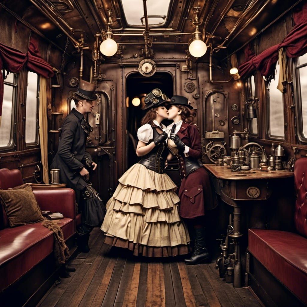 Steampunk Lesbians Kissing in Steam Train Cabin