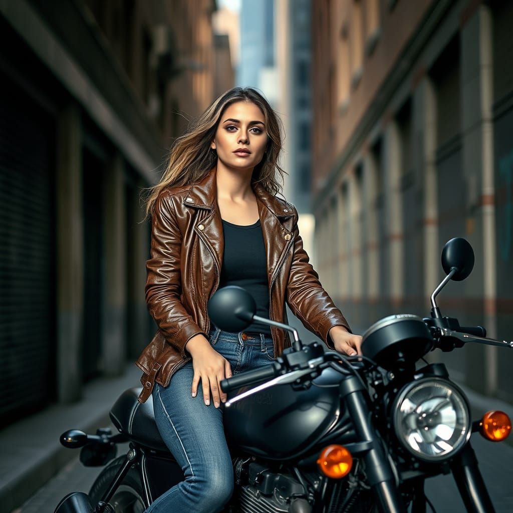 Confident Rider on a Sleek Motorcycle in City Alleyway