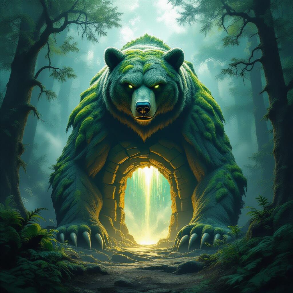 Mossy Stone Bear Guards Otherworldly Portal