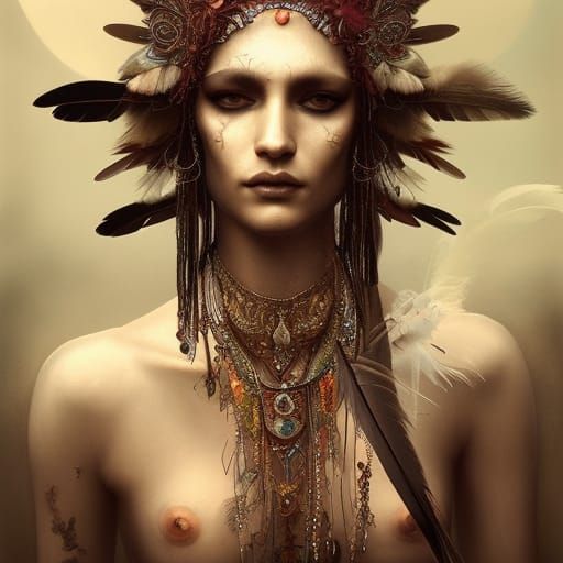 Elegant Shaman Holding Feathers in Digital Art