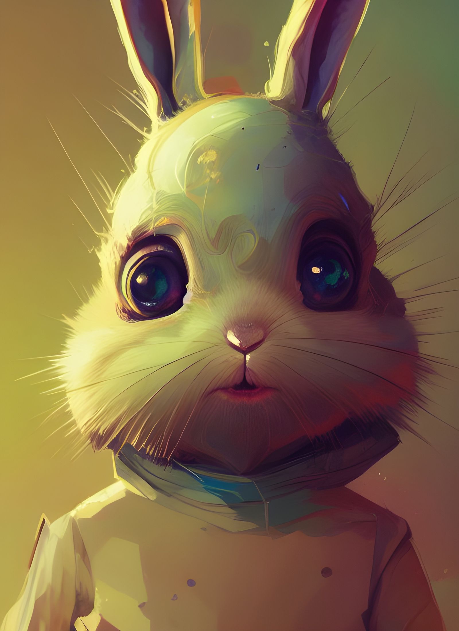 Cute Rabbit Portrait with Big Eyes, Digital Illustration