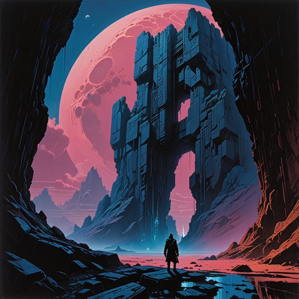 Mystical Cave Entrance in Electric Blue and Pink Hues