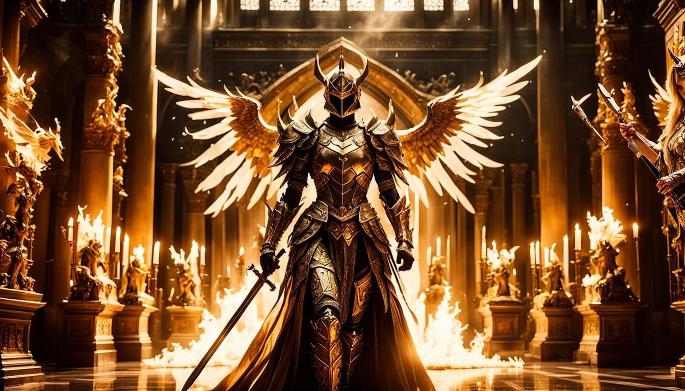 Winged Knight in Golden Hall: Cinematic Still