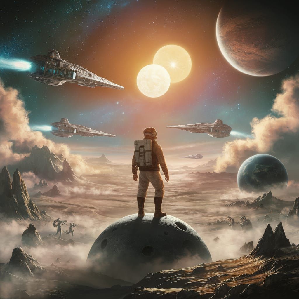 Brave Explorer Amidst Radiant Suns and Majestic Starships