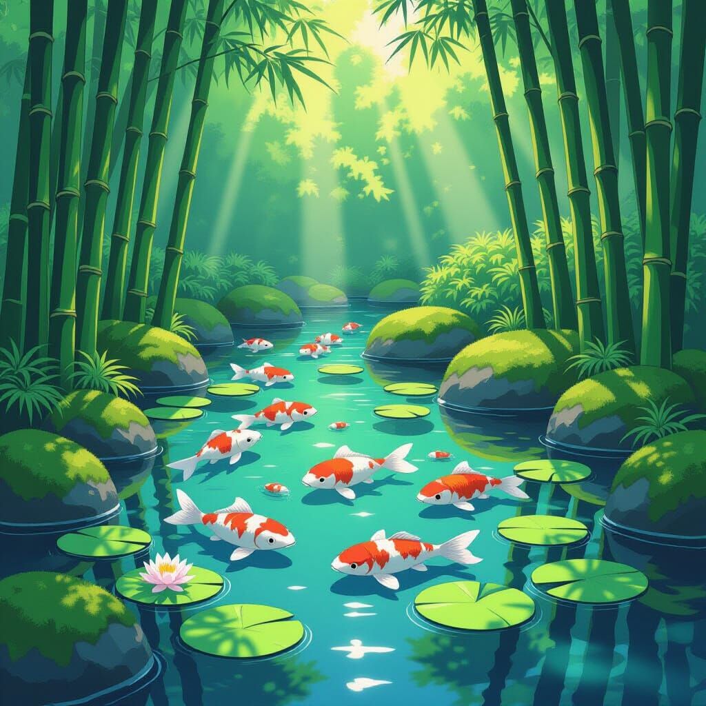 Koi Pond in Japanese Garden, Manga Scan Style