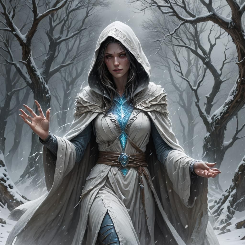 Ethereal Sorceress Unleashing Magic Beam in Snowy Landscape