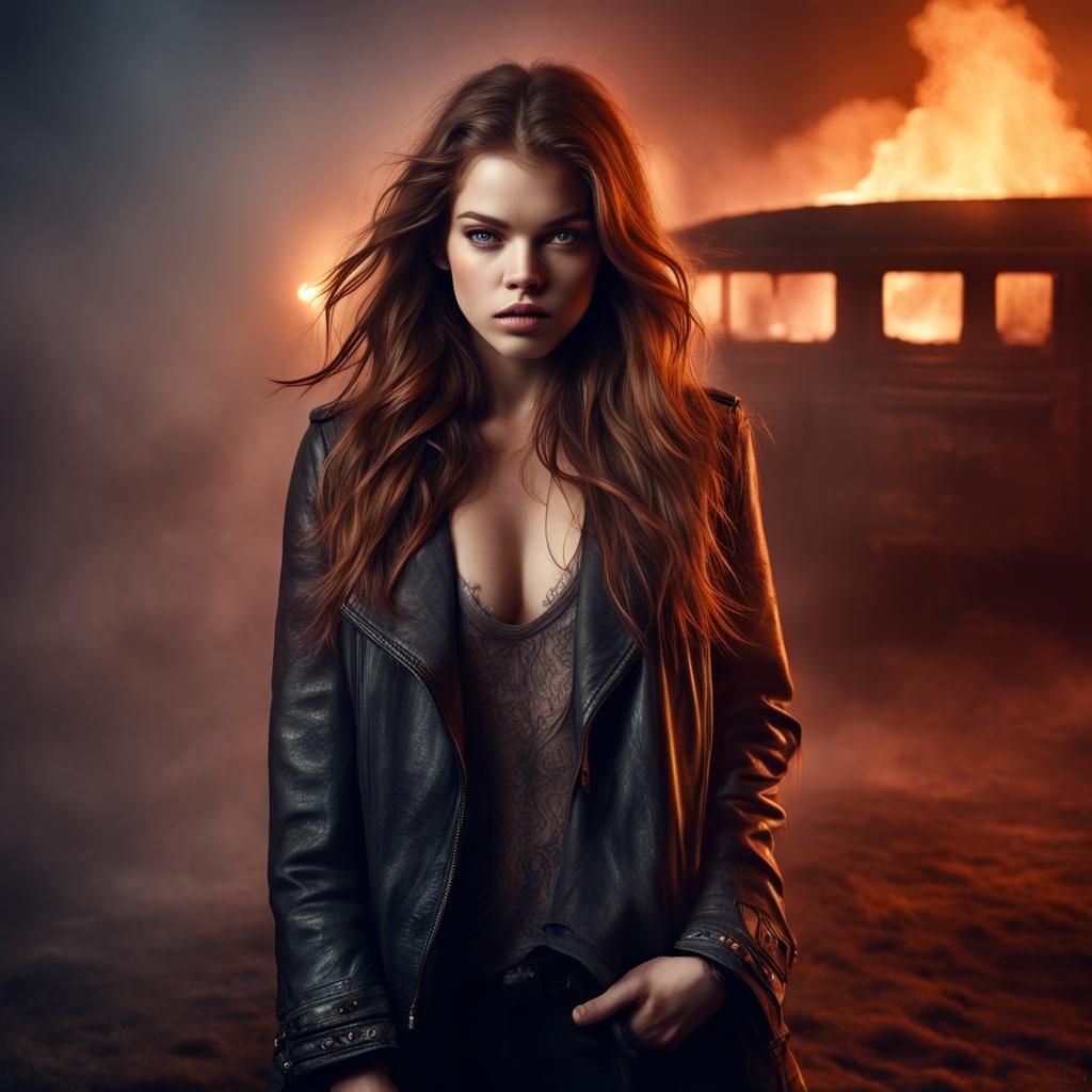 Barbara Palvin at Beach with Fire and Fog