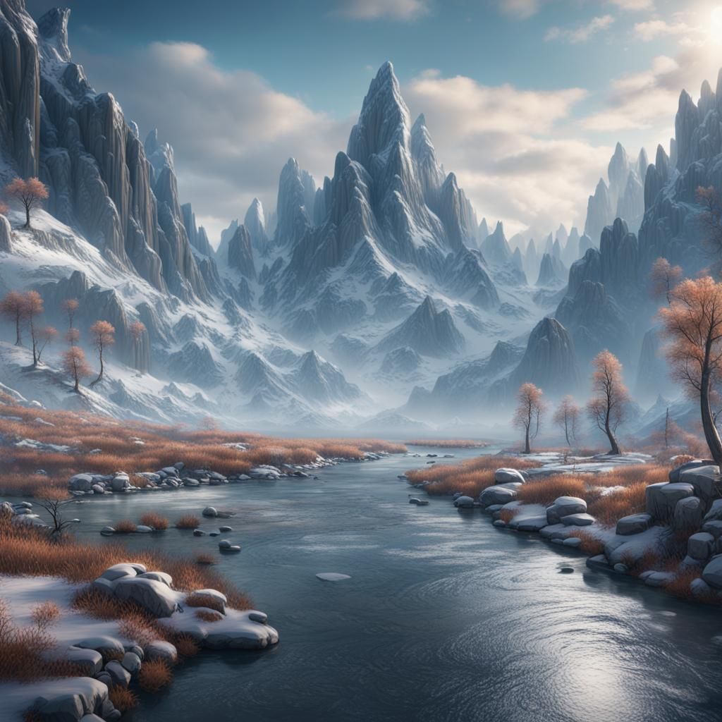 Mountains and River on a Frosty Day