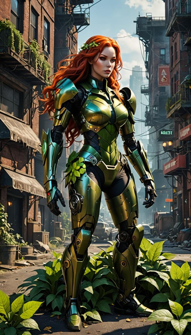 Robot Poison Ivy Kneeling in Abandoned City: 3D Render