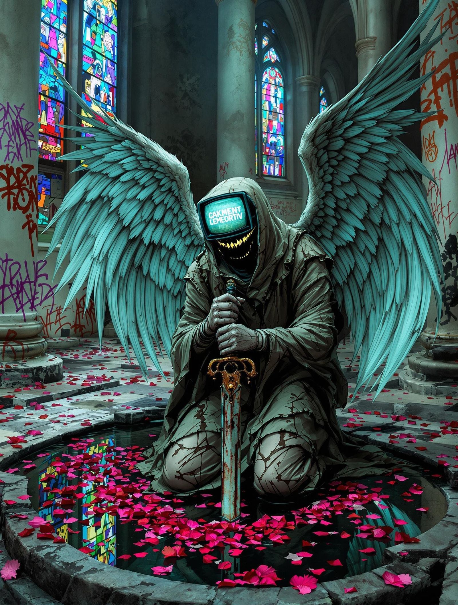 Fallen Angel in Ruined Cathedral, Surrealist Style