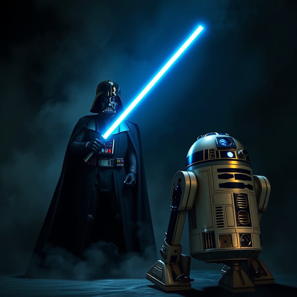 Darth Vader and R2D2 in a Dark Cyberpunk Landscape