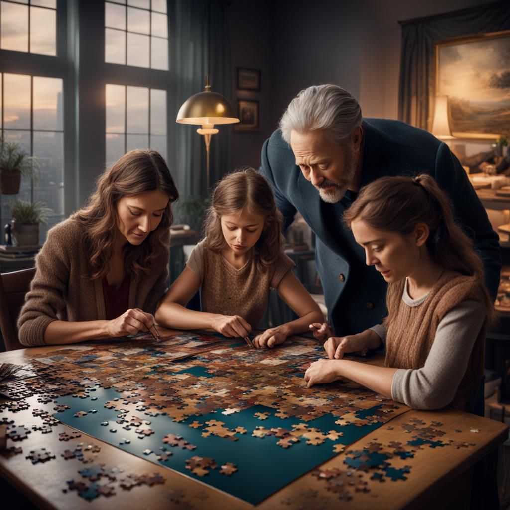 Family Jigsaw Time: A Detailed Digital Painting
