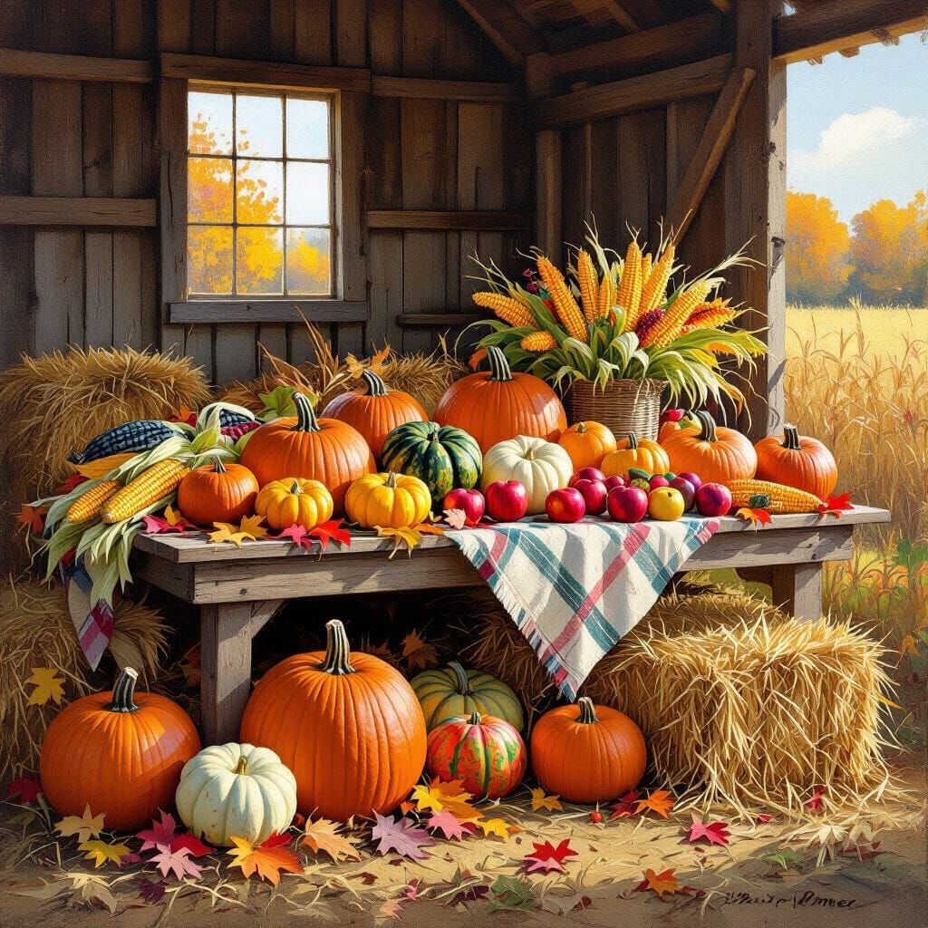 Abundant Harvest Table in Rustic Barn with Golden Light