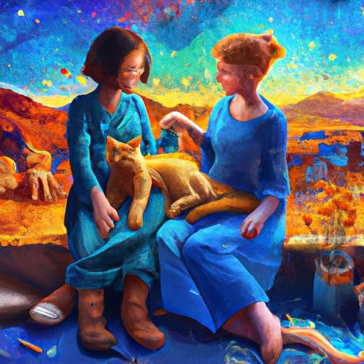 Lesbian Couple and Cat as Van Gogh Painting