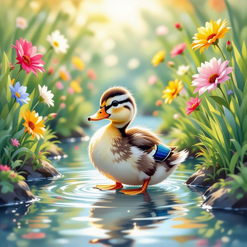 Playful Duckling in Watercolor Garden