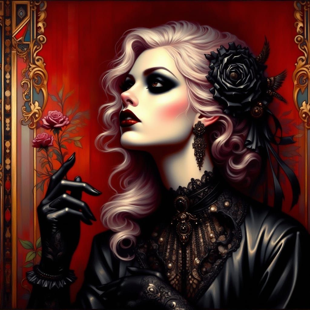 Romantic Goth Albino Lady in Red Room