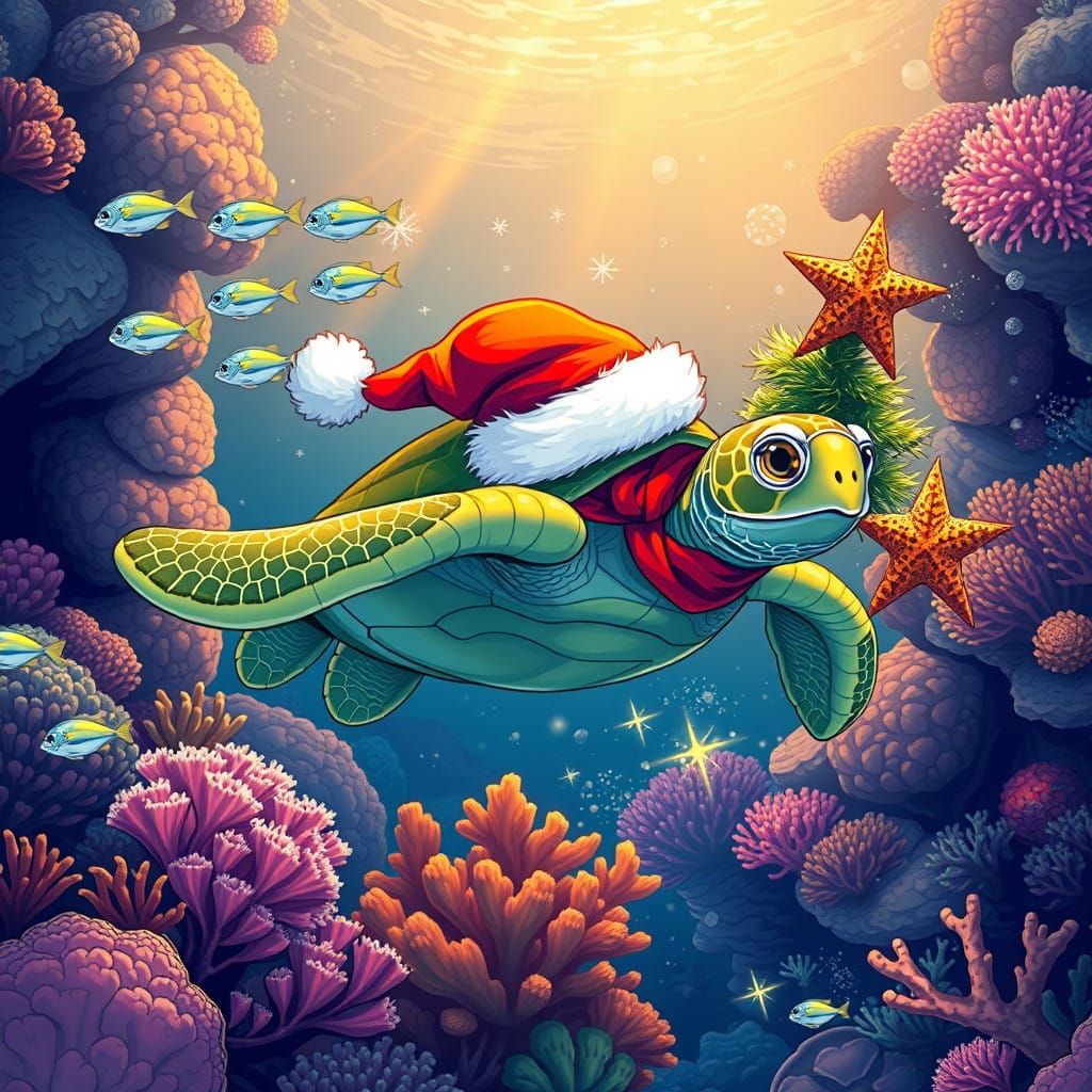 Turtle in Santa Hat Searches for Christmas Tree Ornament