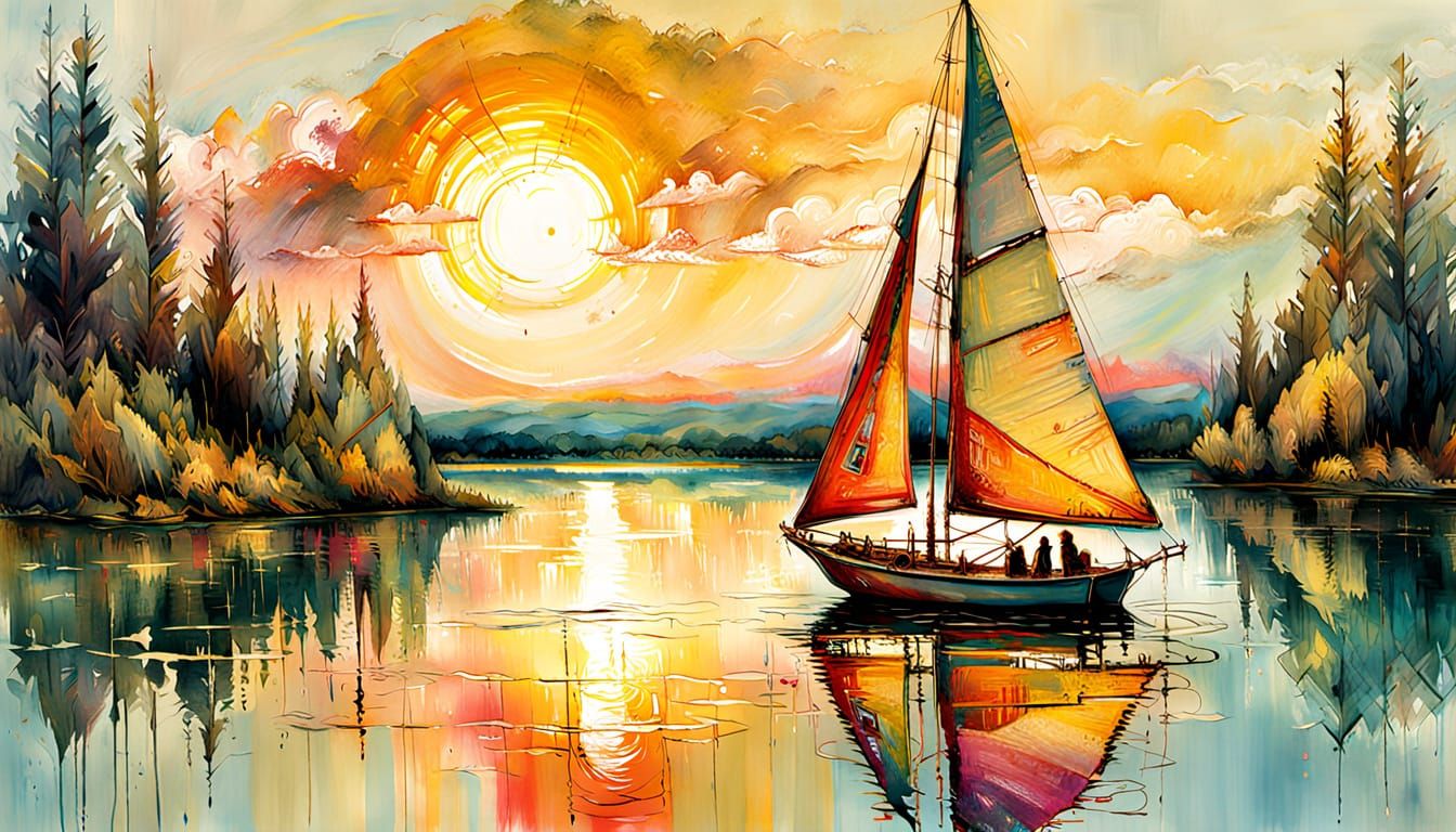 Surrealistic Sunset Sailboat Scene in Impressionistic Style