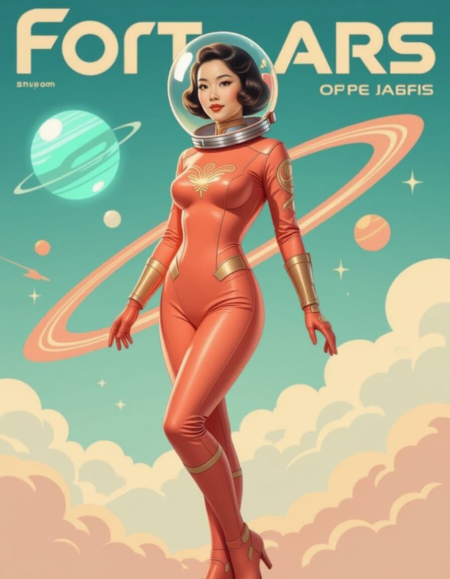 Retro-Futuristic Asian Astronaut in Rose-Orange Suit