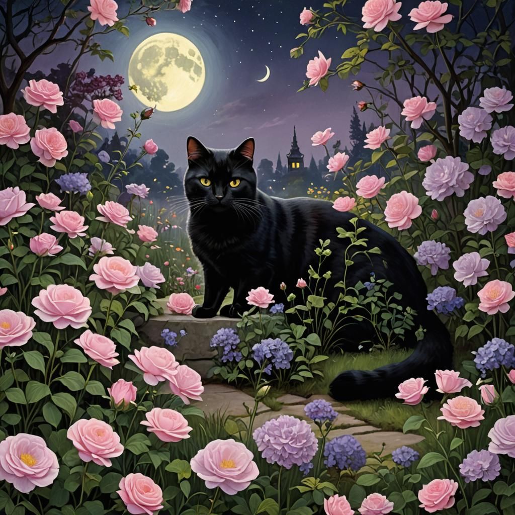 Moonlit Garden with Black Cat and Roses