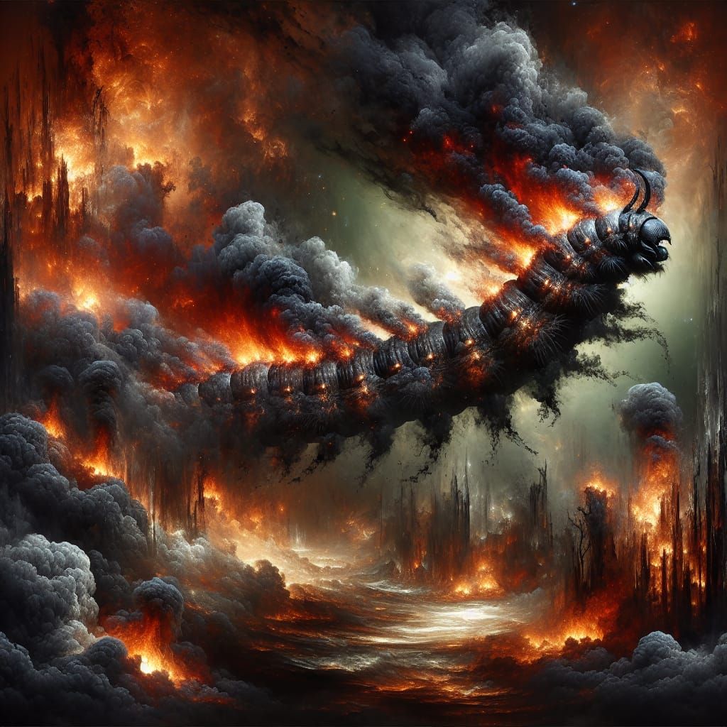Fire and Smoke Caterpillar in Burning Forest