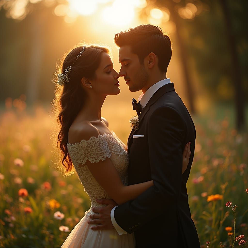 Romantic Couple Embracing in a Dreamlike Sunset Scene