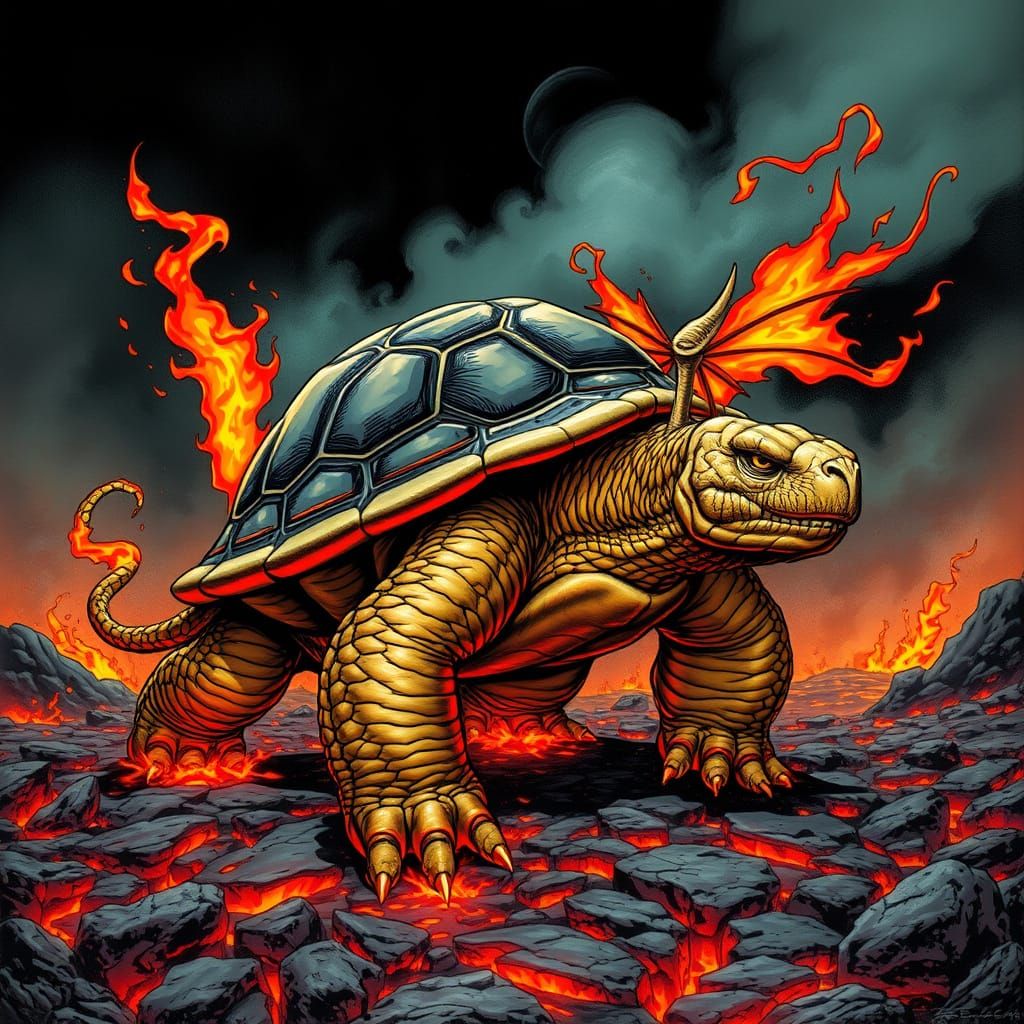 Fantastical Turtle with Lion Legs and Fire Wings in a Volcan...