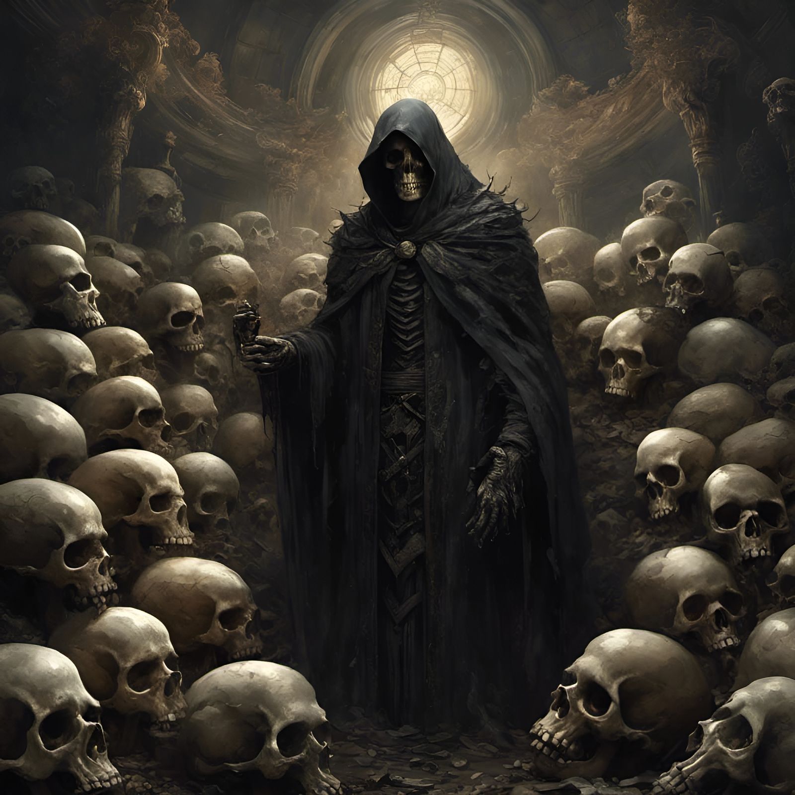 Creepy Reaper Surrounded by Skulls in Dramatic Lighting