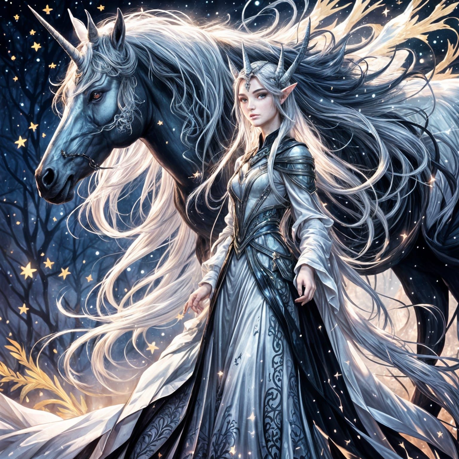 Black Unicorn and Elf in Enchanted Forest