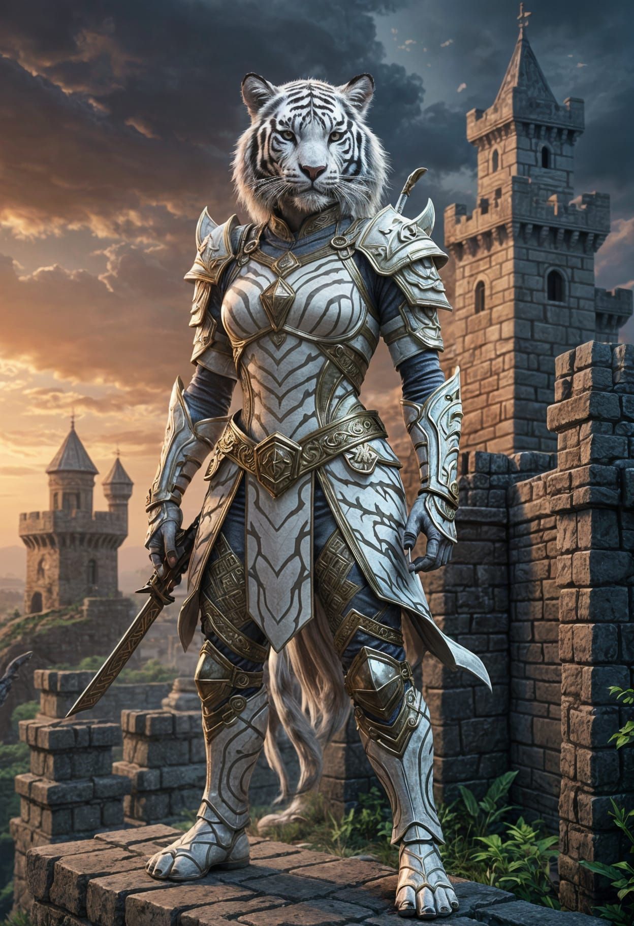 White Tiger Warrior Guarding Fortress: Fantasy Art
