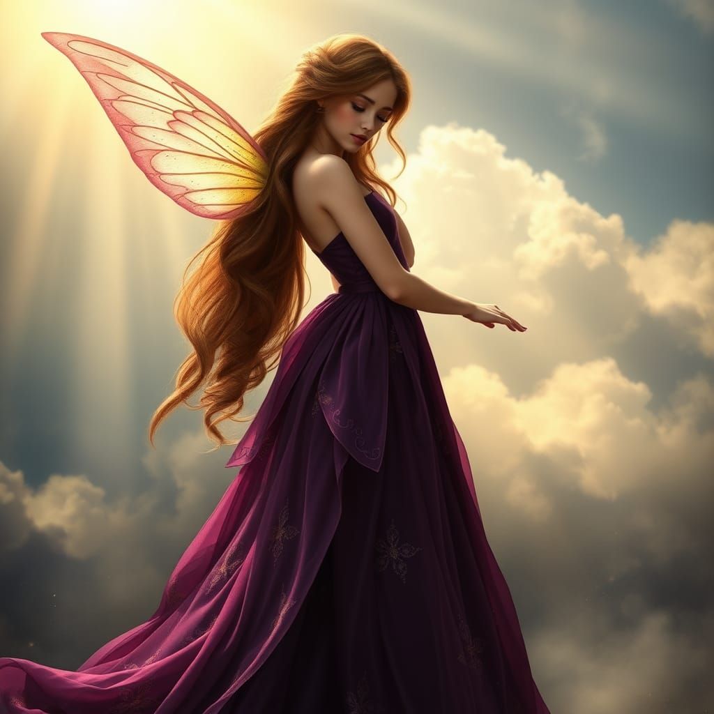 Ethereal Fairy in Plum Gown, Pre-Raphaelite Style